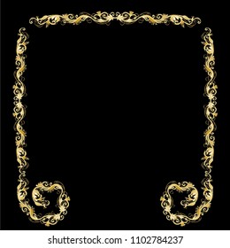 Beautiful square golden vector floral frame or border isolated on black