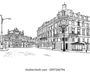 Beautiful square of old Odessa, Ukraine. Urban landscape in hand drawn sketch style. Ink line sketch. Vector illustration on white. Without people.