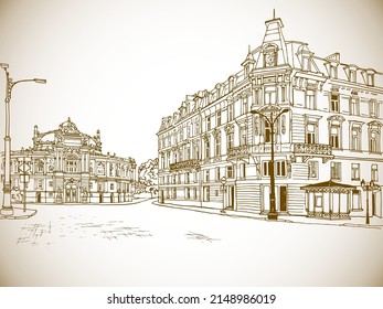 Beautiful square of old Odessa, Ukraine. Urban landscape in hand drawn sketch style. Ink line sketch. Sepia Vector illustration on white. Without people. For vintage postcards and illustration.