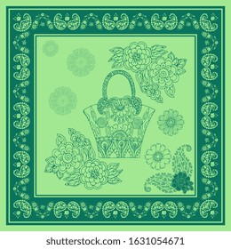 Beautiful square pattern with bag and flowers in frame with paisley ornament. Print for napkin, pillowcase. 