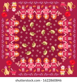 Beautiful square pattern with little red haired girls, birds, flowers, and teapots with cupcakes. Cute vector illustration. Pillowcase, napkin, cushion.  