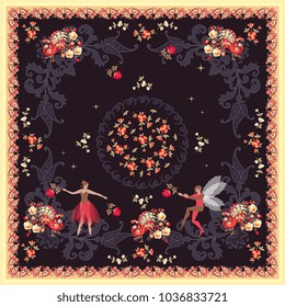 Beautiful square pillowcase with cute fairy, elf and peacocks on floral paisley background with bright ornamental frame in vector.