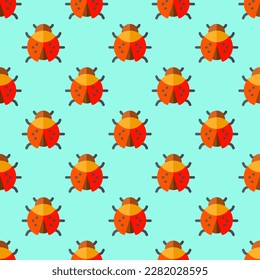 Beautiful square tile with an enthralling animal portrait. Seamless pattern with ladybug on magic mint background. Design for a notebook with an animal illustration.