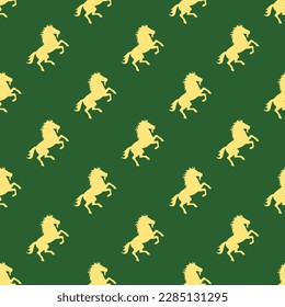 Beautiful square tile with an enthralling animal portrait. Seamless pattern with horse wild black shape on back paws on mellow yellow background. Design for a notebook with an animal silhouette.