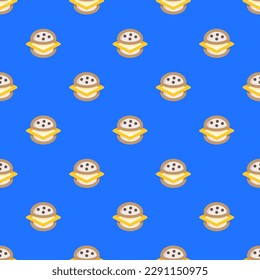 Schöne quadratische Kachel mit einem jubilanten Design. Nahtloses Muster mit Hamburger auf blauem (Crayola) Hintergrund. Design für Videos, um Atmosphäre zu schaffen.