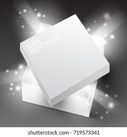Beautiful, square, white open paper (cardboard) box with light effect (glowing and sparkles). Surprise, gift, present box. Vector illustration