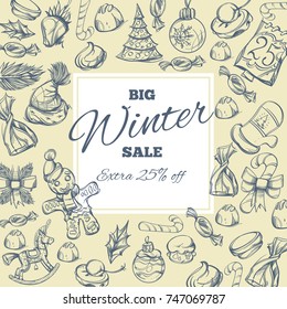 Beautiful square winter background with information on discounts and sales.