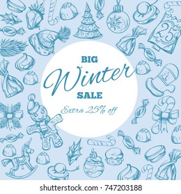 Beautiful square winter background with information on discounts and sales.
