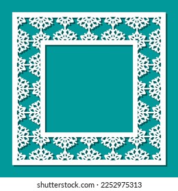Beautiful square winter frame. Christmas border with snowflakes for photos, mirrors, congratulations. Vector template for plotter laser cutting of paper, fretwork, wood carving, metal engraving, cnc. 