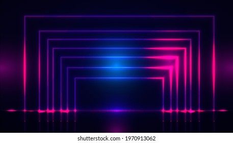 Beautiful squares neon effect on dark background. 3D effect squares elements. Abstract vector technology background.