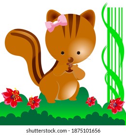 Beautiful squirrel in flower garden, cartoon drawing, vector illustration design, can be used for t-shirt printing, children's fashion design, comics, dolls etc.