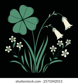 A beautiful St. Patrick's Day design featuring a four-leaf clover surrounded by delicate bell flowers and small white blossoms. The dark background highlights the intricate green.