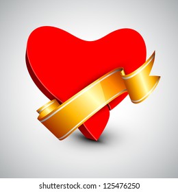 Beautiful St. Valentine's Day background, gift or greeting card with red heart and golden ribbon, 3D love concept. EPS 10.