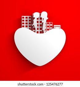 Beautiful St. Valentine's Day background, gift or greeting card decorated with paper heart. cute couples and urban city on red. EPS 10.