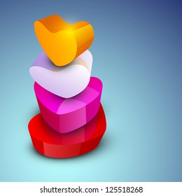 Beautiful St. Valentine's Day background, gift or greeting card with colorful hearts on blue, 3D love concept. EPS 10.