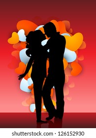 Beautiful St. Valentine's Day greeting or gift card with silhouette of couples on colorful love background.