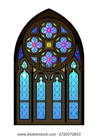 Beautiful stained glass gothic window with Celtic ornamentation. Fantasy drawing of window from Church of Our Lady of the Carmelites in Pont-Abbe. Medieval French architecture. Hand drawn vector.