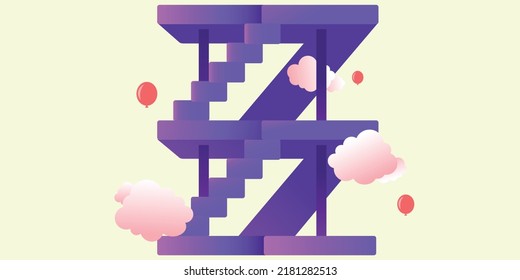 Schöne Stairs Grafiken mit Balloons und Wolken. 2D Vektorbasiertes Fußbodendesign.