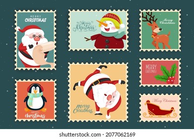 Hermosa colección de estampillas con alegres objetos de navidad estilo vintage como santa claus, snowman, penquin y berry, personaje de dibujos animados, diseño plano, ilustración vectorial