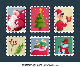 Beautiful Сhristmas Stamp Collection with Santa Claus, Сhristmas Tree, Elf, Berry, Bag of Gifts and Snowman. Cartoon Character. Vector Illustration.