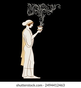 Beautiful standing Ancient Greek woman holding a steaming cup of tea or coffee. Creative ethnic beverage design. Vase painting style.