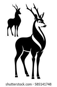 beautiful standing deer - black and white vector outline and silhouette