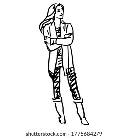 Beautiful standing girl with crossed hands and loose hair in boots and pants. Hand drawn linear sketch. Black and white silhouette.