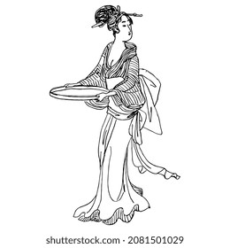 Beautiful standing Japanese woman in kimono holding a tray. Traditional vintage style. Hand drawn linear doodle rough sketch. Black silhouette on white background.