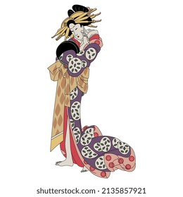 Beautiful standing Japanese woman in kimono. Traditional oriental style. Isolated vector illustration.