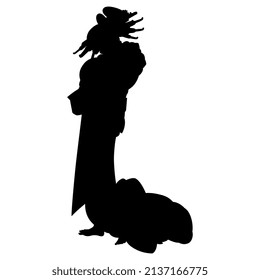 Beautiful standing Japanese woman in kimono. Traditional oriental style. Black silhouette on white background.