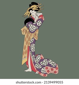 Beautiful standing Japanese woman in kimono. Traditional oriental style. Isolated vector illustration. On green background.