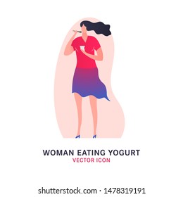 Beautiful standing woman eating yogurt. Editable vector illustration in vibrant magenta, pink, violet colors isolated on a white background. Digestion, healthy nutrition, useful food concept.