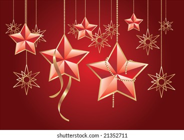 beautiful star ornaments hanging on red background