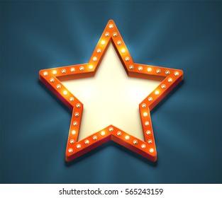 Beautiful star shaped retro empty marquee with light bulbs and yellow placeholder. Old american style red electric blank roadsign. Glowing eye-catching bright sign in the dark blue night sky.