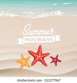 Beautiful starfish on the beach. Sand and wave as background for summer design. Vector illustration. Summer holidays.