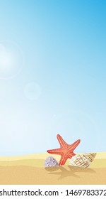 Beautiful starfish and shells in the sand on the coast. Summer sunny day on the beach background. - Vector