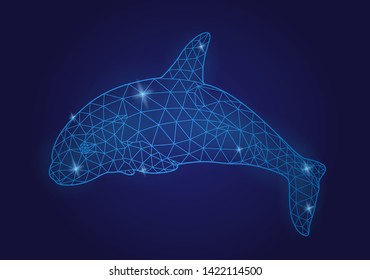 Beautiful starry low poly illustration with shiny orca silhouette on blue background