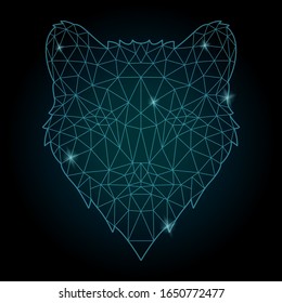 Beautiful starry low poly illustration with shiny linear dog head on the dark background