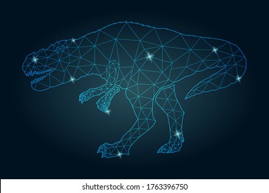 Beautiful starry low poly illustration with shiny blue dinosaur silhouette on the dark background