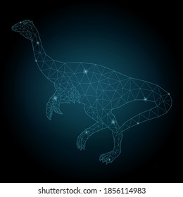 Beautiful starry low poly illustration with shiny blue dinosaur silhouette on the dark background