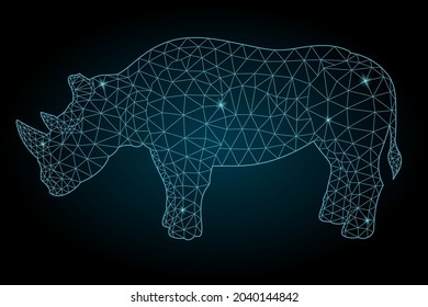Hermosa ilustración estrellada baja de poli con estilizada silueta de rinocerontes brillantes azules sobre el fondo oscuro