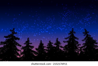 Beautiful starry night with pine trees silhouette