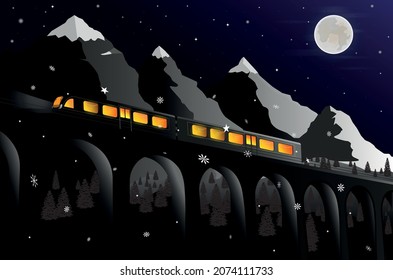 Beautiful starry night,nature landscape with christmas train,new year travel, vector, full moon,Stock illustration. EPS 10,background of mountains,can be used as a background, postcard,wallpaper