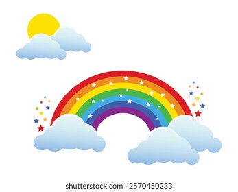 Beautiful starry rainbow with Sun and Clouds. Rainbow with clouds and sun, isolated on white background. Vector illustration