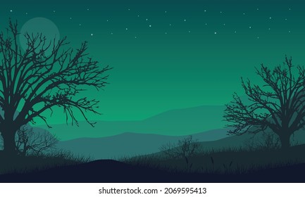 Hermoso cielo estrellado y luna llena por la noche con impresionantes vistas de las montañas desde el pueblo. Ilustración vectorial de una ciudad