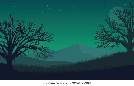 A beautiful starry sky at night with a magnificent view of the mountains from the edge of the city. Vector illustration of a city
