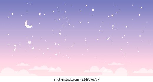 Hermoso cielo estrellado. Ilustración vectorial del amanecer y la puesta de sol, nubes, luna y estrellas en el cielo morado. Diseño moderno de fondo natural.