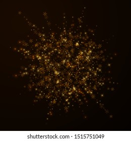 Beautiful starry snow Christmas overlay. Christmas lights, bokeh, snow flakes, stars on night background. Luxury actual sparkling overlay template. Surprising vector illustration.