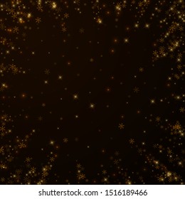 Beautiful starry snow Christmas overlay. Christmas lights, bokeh, snow flakes, stars on night background. Luxury actual sparkling overlay template. Ecstatic vector illustration.