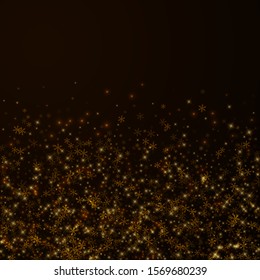 Beautiful starry snow Christmas overlay. Christmas lights, bokeh, snow flakes, stars on night background. Luxury actual sparkling overlay template. Curious vector illustration.